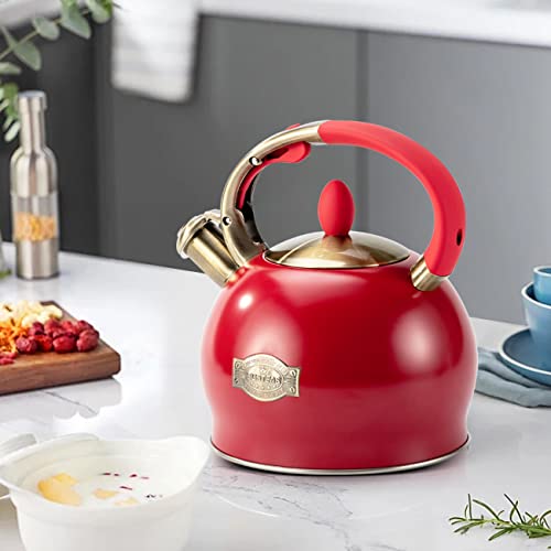 SUSTEAS Stove Top Whistling Tea Kettle-Surgical Stainless Steel Teakettle Teapot with Cool Touch Ergonomic Handle,1 Free Silicone Pinch Mitt Included,2.64 Quart(RED)