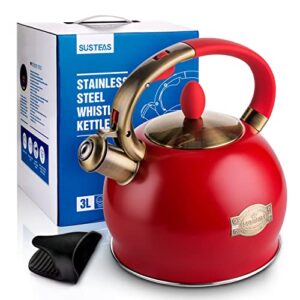 SUSTEAS Stove Top Whistling Tea Kettle-Surgical Stainless Steel Teakettle Teapot with Cool Touch Ergonomic Handle,1 Free Silicone Pinch Mitt Included,2.64 Quart(RED)