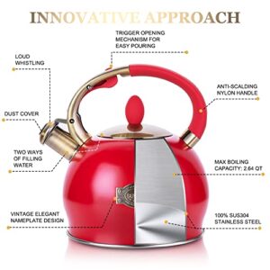 SUSTEAS Stove Top Whistling Tea Kettle-Surgical Stainless Steel Teakettle Teapot with Cool Touch Ergonomic Handle,1 Free Silicone Pinch Mitt Included,2.64 Quart(RED)