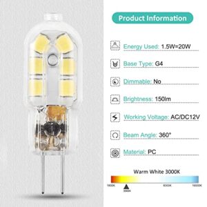 Amazing power G4 LED Bulb, 12V JC G4 Bi Pin Bulb, G4 20W Halogen Bulb Replacement, Warm White 3000K, 10-Pack