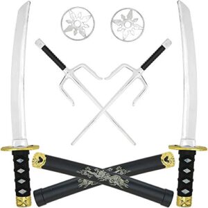 skeleteen ninja sword toy set - fighting warrior costume set with katana swords, sai daggers, and shuriken stars - 6 pieces