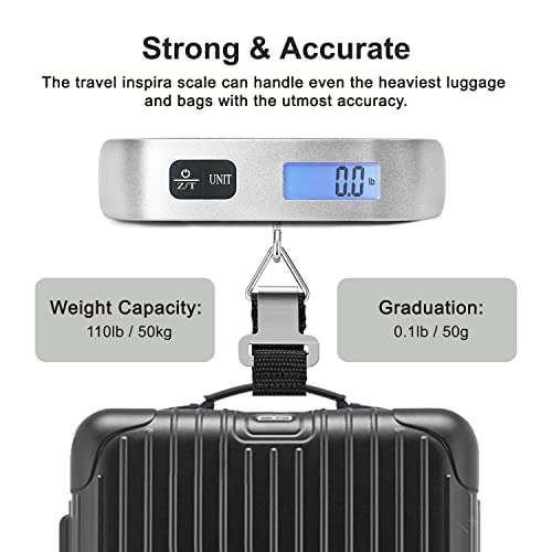 travel inspira Luggage Scale, Portable Digital Hanging Baggage Scale for Travel, Suitcase Weight Scale with Rubber Paint, 110 Pounds, Battery Included - Silver