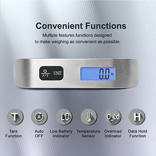 travel inspira Luggage Scale, Portable Digital Hanging Baggage Scale for Travel, Suitcase Weight Scale with Rubber Paint, 110 Pounds, Battery Included - Silver