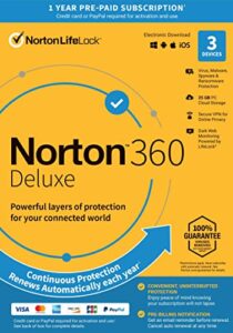 norton 360 deluxe 2023, antivirus software for 3 devices with auto renewal - includes vpn, pc cloud backup & dark web monitoring [key card]