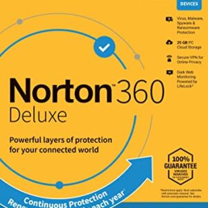 Norton 360 Deluxe 2023, Antivirus software for 3 Devices with Auto Renewal - Includes VPN, PC Cloud Backup & Dark Web Monitoring [Key Card]