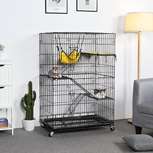 Yaheetech Collapsible Large 3-Tier Metal Wire Pet Cat Kitten Ferret Chinchilla Cage Playpen Crate Enclosure Kennel Cat Home on Wheels Indoor Outdoor 3X Ramp Ladders/1x Hammock