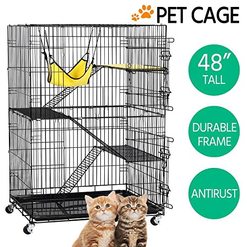 Yaheetech Collapsible Large 3-Tier Metal Wire Pet Cat Kitten Ferret Chinchilla Cage Playpen Crate Enclosure Kennel Cat Home on Wheels Indoor Outdoor 3X Ramp Ladders/1x Hammock