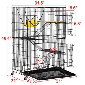 Yaheetech Collapsible Large 3-Tier Metal Wire Pet Cat Kitten Ferret Chinchilla Cage Playpen Crate Enclosure Kennel Cat Home on Wheels Indoor Outdoor 3X Ramp Ladders/1x Hammock