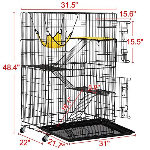 Yaheetech Collapsible Large 3-Tier Metal Wire Pet Cat Kitten Ferret Chinchilla Cage Playpen Crate Enclosure Kennel Cat Home on Wheels Indoor Outdoor 3X Ramp Ladders/1x Hammock