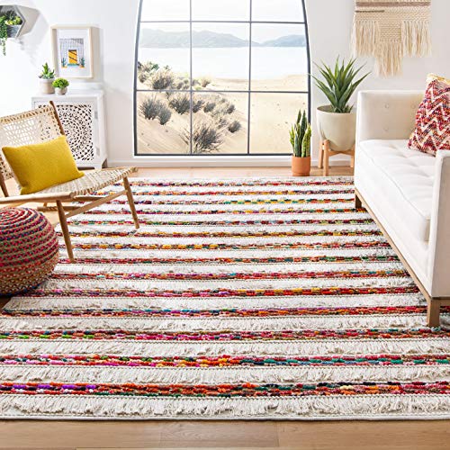 SAFAVIEH Natura Collection Accent Rug - 4' x 6', Ivory & Red, Handmade Boho Fringe Cotton, Ideal for High Traffic Areas in Entryway, Living Room, Bedroom (NAT654A)