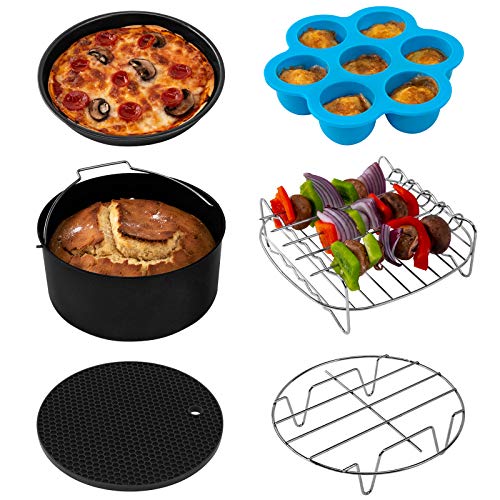 COSORI Air Fryer Accessories, Set of 6 Fit for Most 5.8Qt and Larger Oven Cake & Pizza Pan, Metal Holder, Rack & Skewers, etc, BPA Free, Nonstick Coating, Dishwasher Safe, 5.8 QT, Black