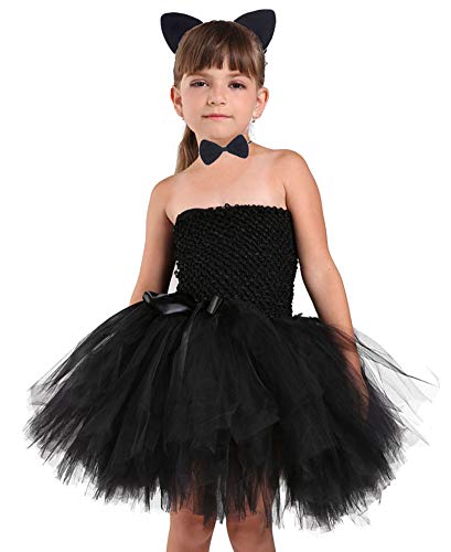 Tutu Dreams Halloween Cat Girl Costume for Kids Villain Role Play Outfits Carnival Masquerade Party (Catgirl, 5-6X) Black