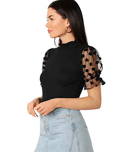 Romwe Women's Summer Short Sleeve Mock Neck Casual Blouse Tops Mesh Black Small