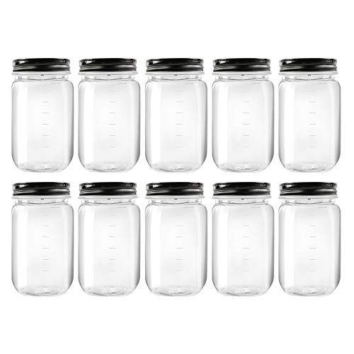 novelinks 16 Ounce Clear Plastic Jars with Black Lids - Refillable Round Clear Containers Clear Jars Storage Containers for Kitchen & Household Storage - BPA Free (10 Pack)