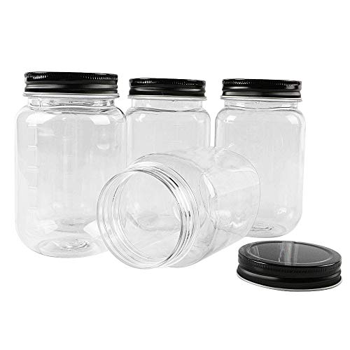 novelinks 16 Ounce Clear Plastic Jars with Black Lids - Refillable Round Clear Containers Clear Jars Storage Containers for Kitchen & Household Storage - BPA Free (10 Pack)