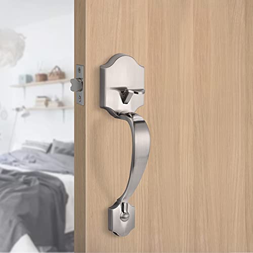 home improvement direct Camelot Trim Lower Half Front Entry Handleset, Interior and Exterior Grip Door Handle for Entrance and Front Door, Satin Nickel Door Handle Sets