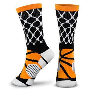 chalktalksports basketball woven mid-calf socks | hoop and ball | black & orange