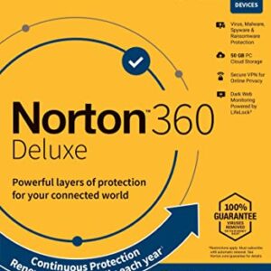 Norton 360 Deluxe 2023, Antivirus software for 5 Devices with Auto Renewal - Includes VPN, PC Cloud Backup & Dark Web Monitoring [Key Card]