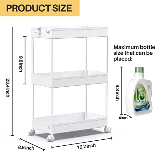 SPACEKEEPER Storage Rolling Cart, 3 Tier Laundry Room Organization Utility Cart Bathroom Organizer Mobile Shelving Unit Shelves Multi-Functional Trolley, White