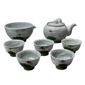 korean style buncheong porcelain lotus flower tea ceremony complete service gift set ceramic pottery 11.8 oz (350ml) side handle tea pot cups saucers teapot pitcher bowl for cooling hot water