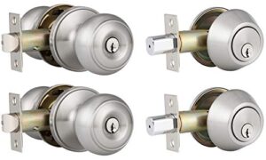 2 pack entry door knob and single cylinder deadbolt combo pack in satin nickel, keyed alike exterior door lock set with deadbolt, door knobs with deadbolt for entrance and front door