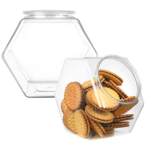 DilaBee Plastic Candy Jars for Candy Buffet, Candy Jars with Lids, Clear Cookie Jars for Kitchen Counter, Candy Dishes for Candy Buffet with Airtight Lid, Candy Bar Containers Set - Hexagonal Jars with Labels [129 Oz, Pack of 2] - Food Grade BPA-Free