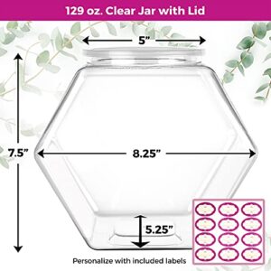 DilaBee Plastic Candy Jars for Candy Buffet, Candy Jars with Lids, Clear Cookie Jars for Kitchen Counter, Candy Dishes for Candy Buffet with Airtight Lid, Candy Bar Containers Set - Hexagonal Jars with Labels [129 Oz, Pack of 2] - Food Grade BPA-Free