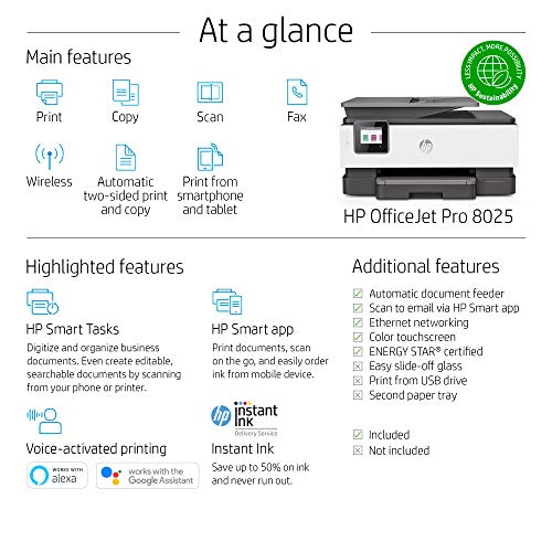 HP OfficeJet Pro 8025 All-in-One Wireless Color Printer, Smart Home Office Productivity, HP Instant Ink, Works with Alexa (1KR57A)