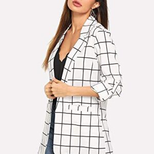 Milumia Women's Open Front Blazer Casual Lightweight Plaid Roll Up Sleeve Jacket White Large