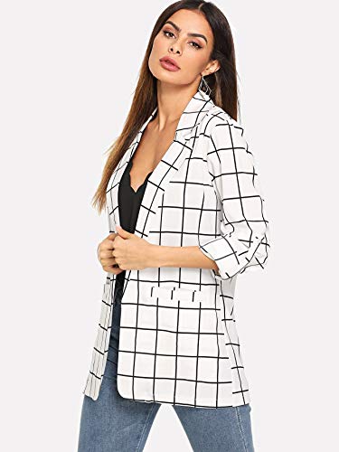 Milumia Women's Open Front Blazer Casual Lightweight Plaid Roll Up Sleeve Jacket White Large