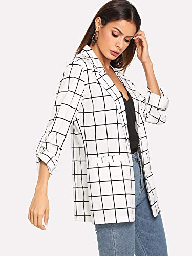 Milumia Women's Open Front Blazer Casual Lightweight Plaid Roll Up Sleeve Jacket White Large