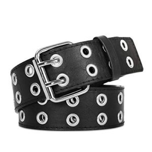 xzqtive double grommet pu leather belt for women/men punk metal jean belt wide 1.5 inch, black, fit pants 35-40 inch