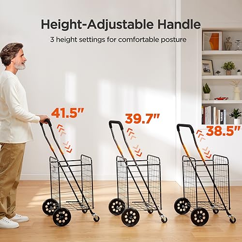 Pipishell Shopping Cart with Dual Swivel Wheels for Groceries, Compact Folding Portable Cart Saves Space, with Adjustable Handle Height, Lightweight Easy to Move Holds up to 70L/Max 66Ibs, PITUC1