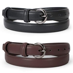 werforu 2 pack women belt skinny waist dress belts solid pin buckle belt for jeans pants,black+coffee, fit size 46-50 inches