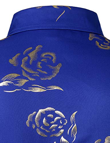 ZEROYAA Mens Hipster Gold Rose Printed Slim Fit Long Sleeve Dress Shirts/Prom Performing Shirts Z56 Blue XX-Large