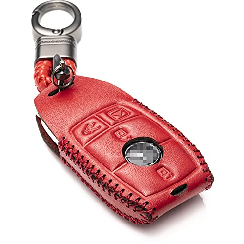 Vitodeco Genuine Leather Smart Key Fob Case with Leather Key Strap Compatible for Mercedes-Benz A, C, E, S, CLA, CLS, GLA, GLB, GLC, GLE, GLS, G Glass 2017-2022 (4-Button, Red)