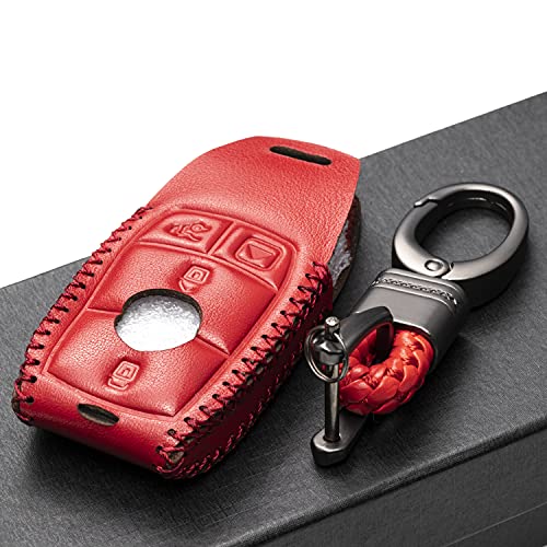 Vitodeco Genuine Leather Smart Key Fob Case with Leather Key Strap Compatible for Mercedes-Benz A, C, E, S, CLA, CLS, GLA, GLB, GLC, GLE, GLS, G Glass 2017-2022 (4-Button, Red)