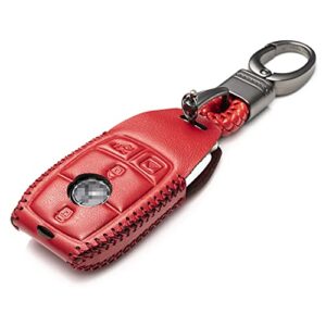 Vitodeco Genuine Leather Smart Key Fob Case with Leather Key Strap Compatible for Mercedes-Benz A, C, E, S, CLA, CLS, GLA, GLB, GLC, GLE, GLS, G Glass 2017-2022 (4-Button, Red)