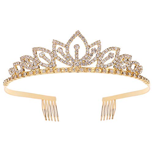 Princess Crystal Tiara Crown with Comb Women Girls Cosplay Party Queen Bridal Wedding Hair Jewelry Headband 5.5'' Gold