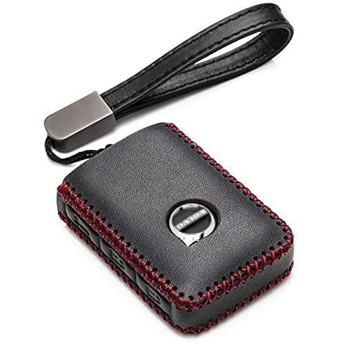 Vitodeco Genuine Leather Smart Key Fob Case Compatible with Volvo XC40, XC60, XC90, S90, S60, V60, V90 2019-2023 (4-Button, Black/Red)