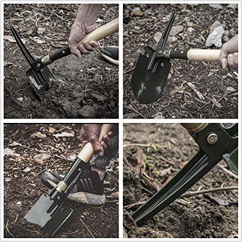 Mastiff Gears ® Wooden Handle Folding Survival Shovel w/Pick - Heavy Duty Carbon Steel Military Style Entrenching Tool for Off Road, Camping, Gardening, Beach, Digging Dirt, Sand, Mud & Snow