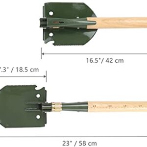 Mastiff Gears ® Wooden Handle Folding Survival Shovel w/Pick - Heavy Duty Carbon Steel Military Style Entrenching Tool for Off Road, Camping, Gardening, Beach, Digging Dirt, Sand, Mud & Snow