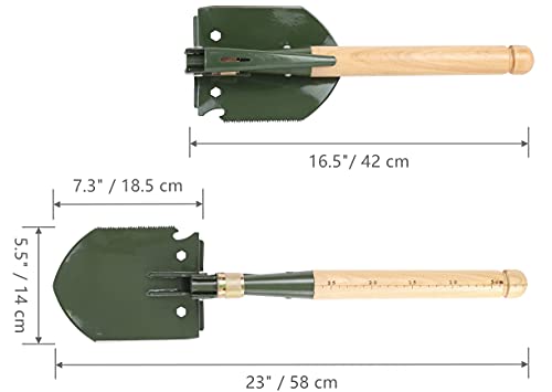 Mastiff Gears ® Wooden Handle Folding Survival Shovel w/Pick - Heavy Duty Carbon Steel Military Style Entrenching Tool for Off Road, Camping, Gardening, Beach, Digging Dirt, Sand, Mud & Snow