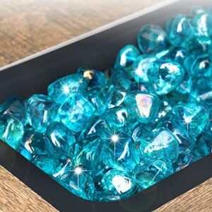 GASPRO 20 Pound Fire Glass Diamonds 1 Inch, Fire Pit Glass Rocks for Gas Fireplace and Fire Pit, Caribbean Blue, High Luster