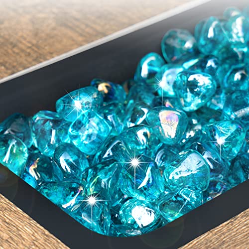 GASPRO 20 Pound Fire Glass Diamonds 1 Inch, Fire Pit Glass Rocks for Gas Fireplace and Fire Pit, Caribbean Blue, High Luster