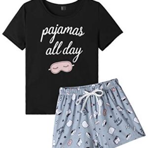 VENTELAN Pajama Set For Women Cute PJS Summer Short Sleeve Shorts Sleepwear M Grey