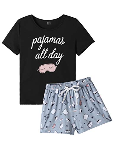 VENTELAN Pajama Set For Women Cute PJS Summer Short Sleeve Shorts Sleepwear M Grey