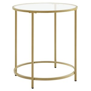 vasagle round side table, glass end table with metal frame, gold coffee table with modern style, for living room, balcony, bedroom, gold color