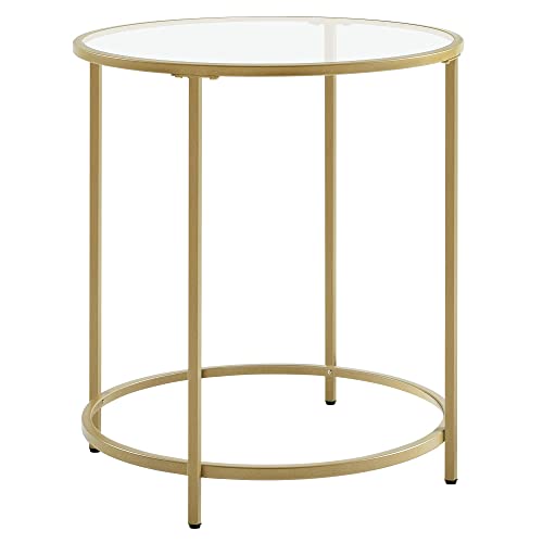 VASAGLE Round Side Table, Glass End Table with Metal Frame, Gold Coffee Table with Modern Style, for Living Room, Balcony, Bedroom, Gold Color