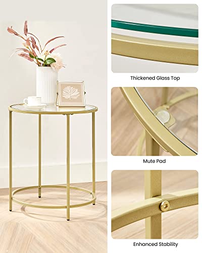 VASAGLE Round Side Table, Glass End Table with Metal Frame, Gold Coffee Table with Modern Style, for Living Room, Balcony, Bedroom, Gold Color